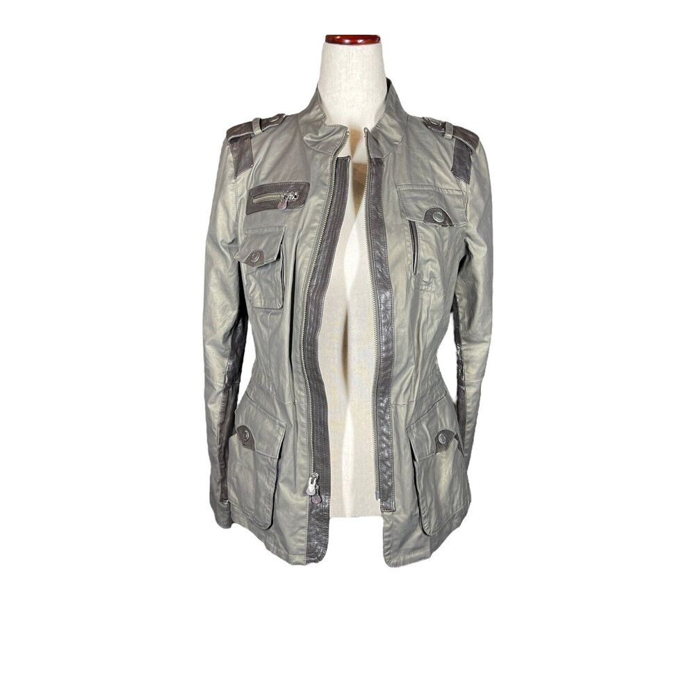 Vince Army Green Gray Waxed Cotton Leather Trim Utility Jacket Size Sm Epaulette